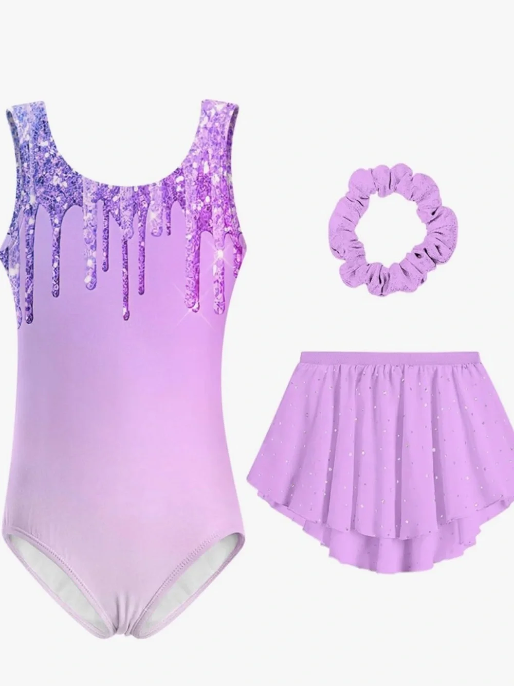 Girls Lavender Purple Gymnastics Leotard Set with Removable Skirt Scrunchie 045